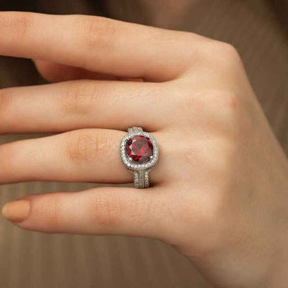 Red Baguette Round Women's Silver Ring