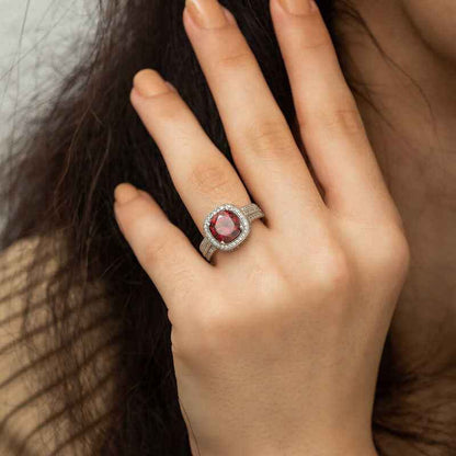 Red Baguette Round Women's Silver Ring