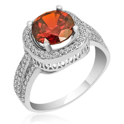 Red Baguette Round Women's Silver Ring