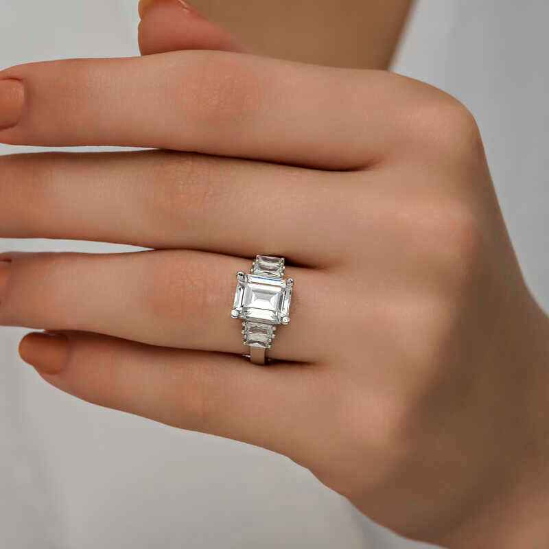 White Baguette Stone Women's Silver Ring