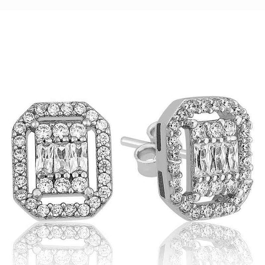 White Baguette Stone Stud Women's Silver Earrings