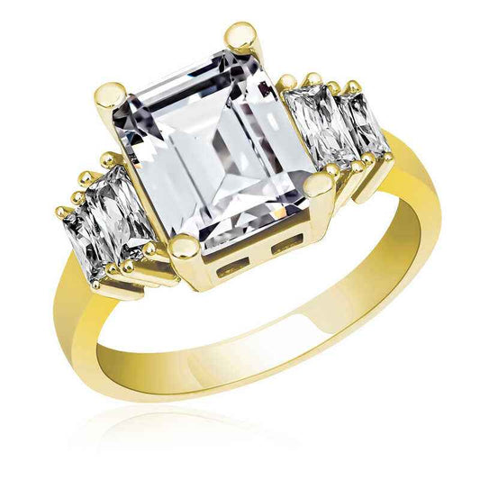 Gold Plated White Baguette Stone Women's Silver Ring