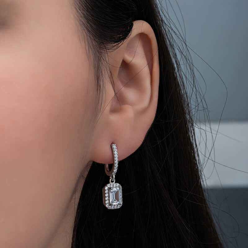 White Baguette Stone Dangle Women's Silver Earrings