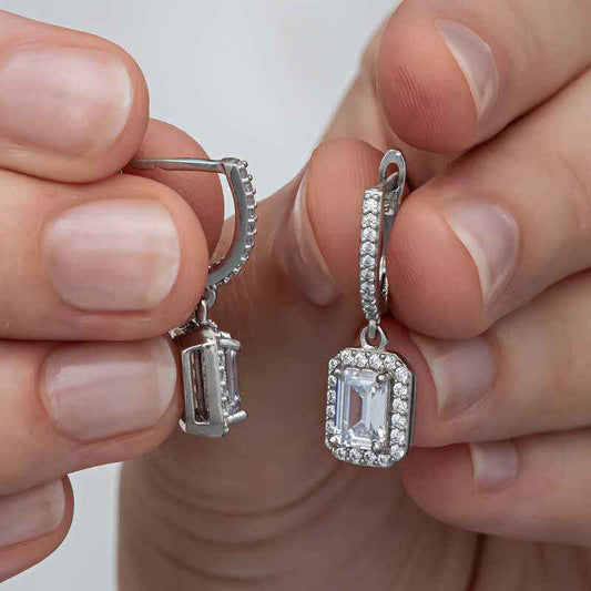 White Baguette Stone Dangle Women's Silver Earrings