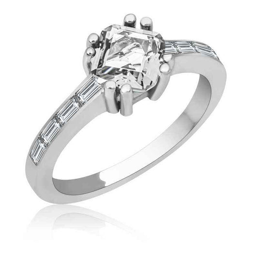 White Baguette Single Stone Women's Silver Ring