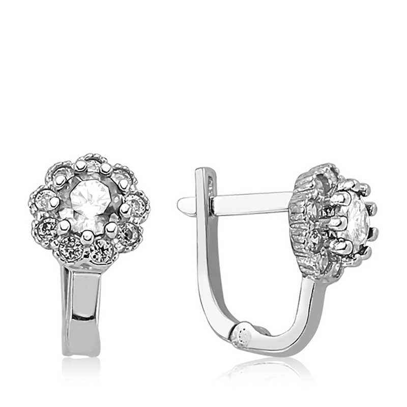 White Flower Pattern Round J Women's Silver Earrings