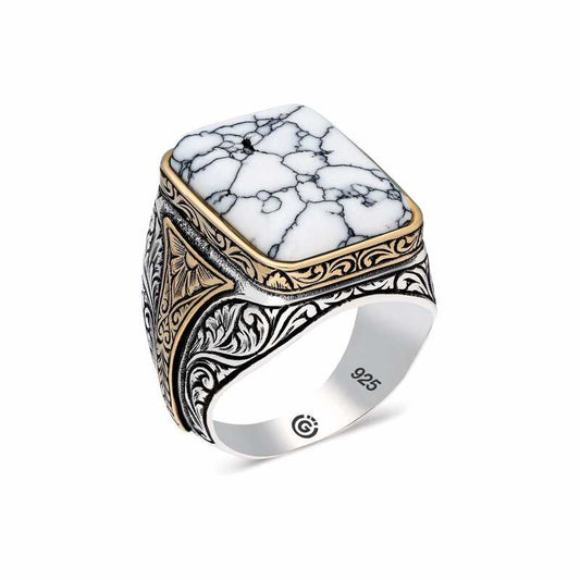 White Patterned Howlite Stone Square Men's Silver Ring