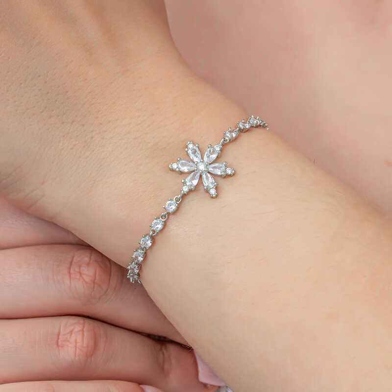 Bracelet en argent pour femme avec fleur de lotus blanc et voie navigable