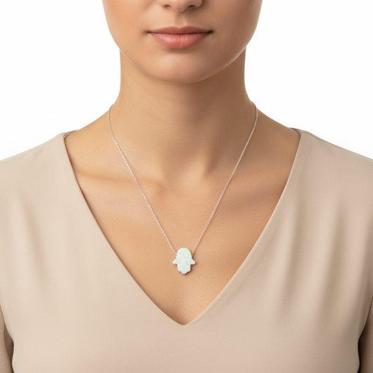 White Opal Hand Women's Silver Necklace