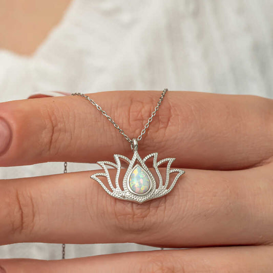 White Opal Stone Lotus Women's Silver Necklace