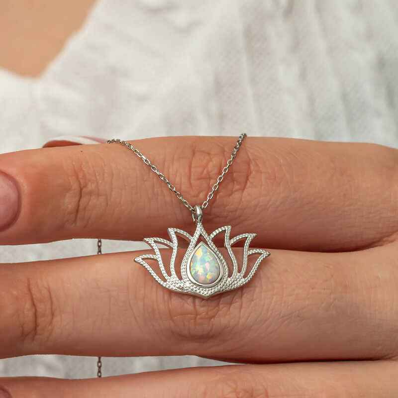 White Opal Stone Lotus Women's Silver Pendant