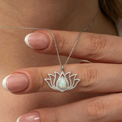 White Opal Stone Lotus Women's Silver Necklace
