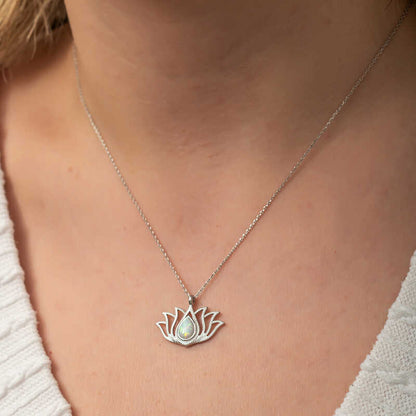 White Opal Stone Lotus Women's Silver Necklace