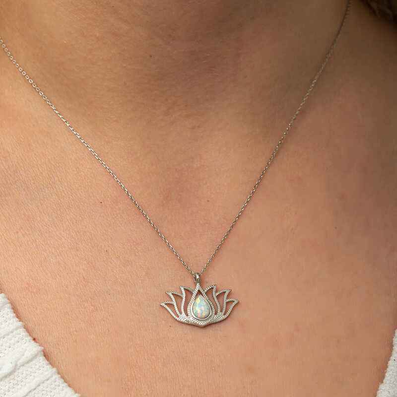 White Opal Stone Lotus Women's Silver Pendant