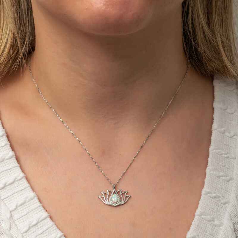 White Opal Stone Lotus Women's Silver Pendant