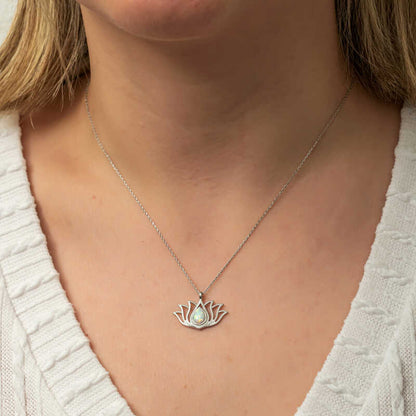 White Opal Stone Lotus Women's Silver Necklace