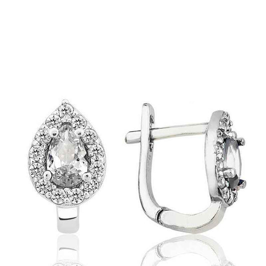 White Stone Drop J Women's Silver Earring