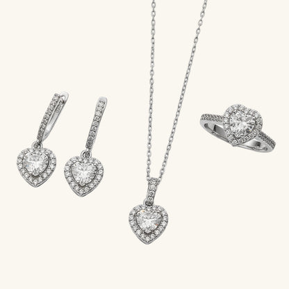 White Stone Heart Pattern Women's Silver Set