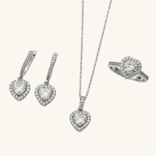 White Stone Heart Pattern Women's Silver Set