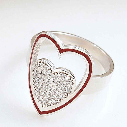 White Stone Heart Women's Silver Ring