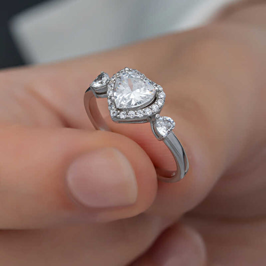 White Stone Heart Women's Silver Ring