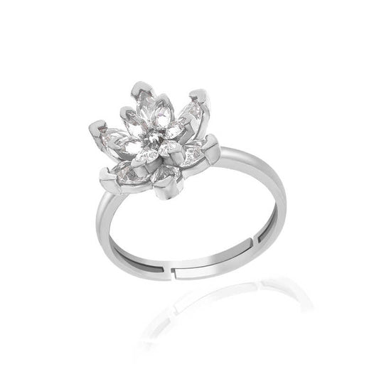 Bague ajustable en argent pour femme avec fleur de lotus en pierre blanche