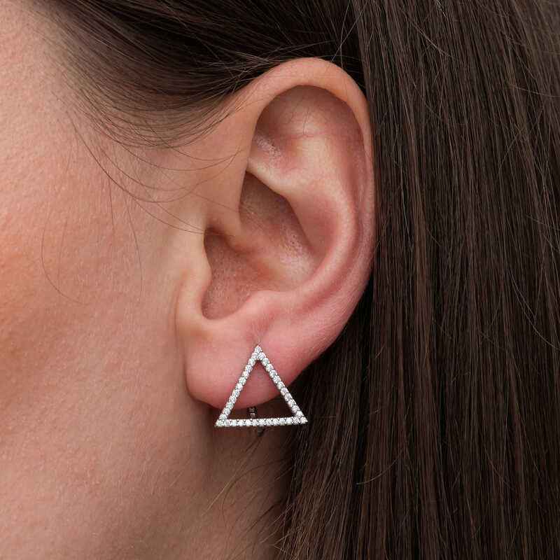 White Stone Triangular Women's Silver Earrings