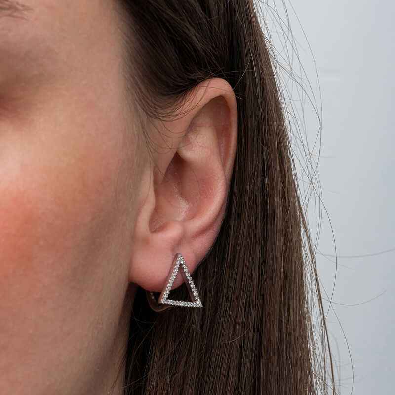 White Stone Triangular Women's Silver Earrings
