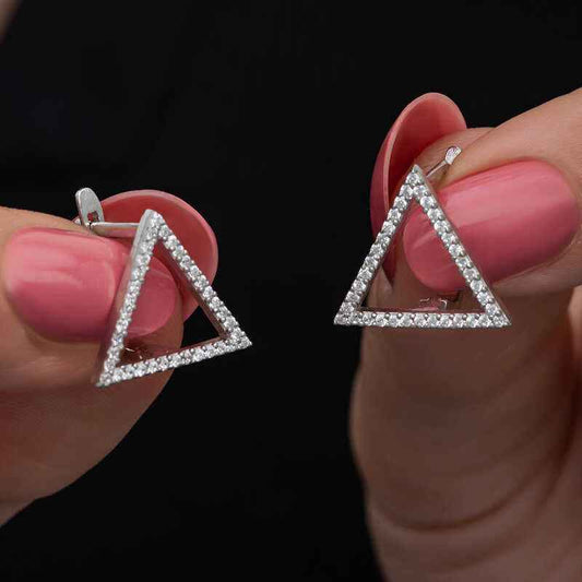 White Stone Triangular Women's Silver Earrings