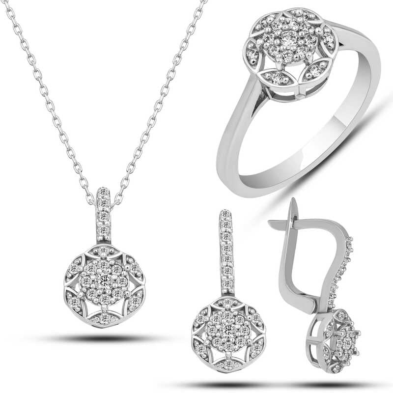 Parure en argent pour femme avec fleur en zircon blanc