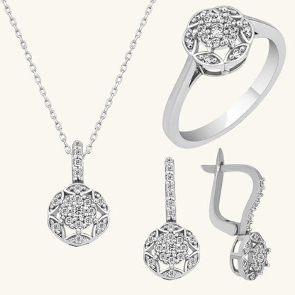 White Zircon Stone Flower Women's Silver Set
