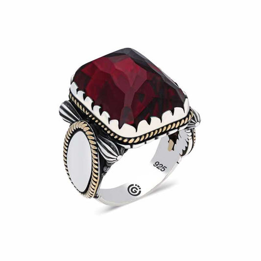 Bordeaux Zircon Stone Square Men's Silver Ring