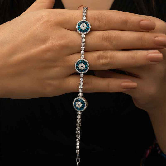 Triple Evil Eye Waterway Silver Nazar Bracelet