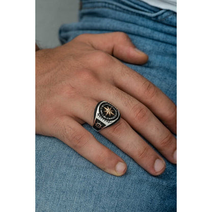 Anchor Detail Compass Men's Silver Ring