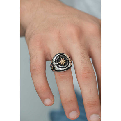 Anchor Detail Compass Men's Silver Ring