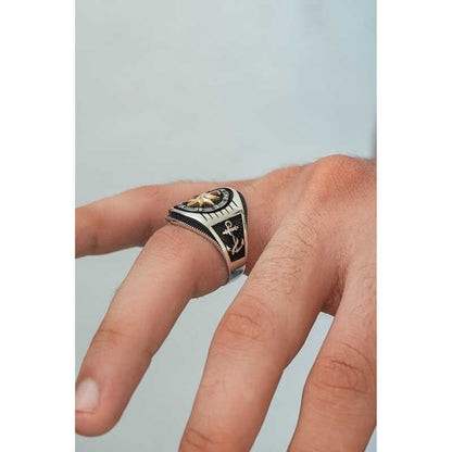 Anchor Detail Compass Men's Silver Ring