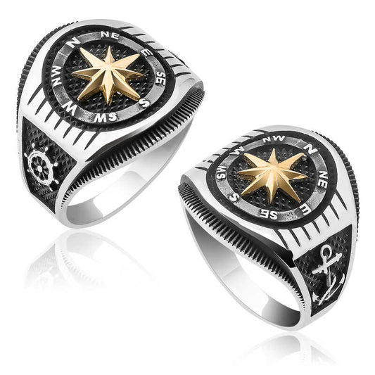 Anchor Detail Compass Men's Silver Ring