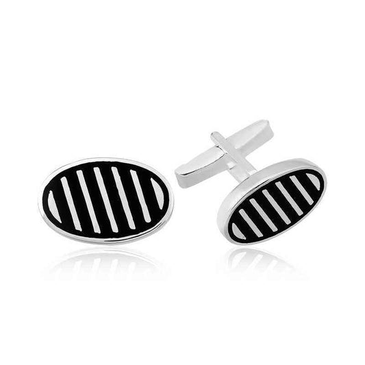 Cross Striped Oval Silver Cufflink