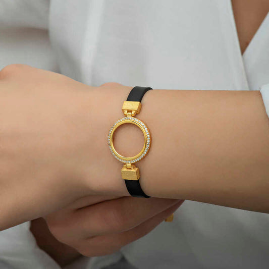 Vergoldetes, tragbares Damen-Silberarmband mit schwarzem Riemen