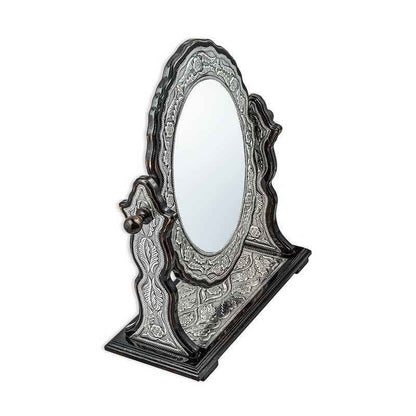 Flower Patterned Oval Double-Sided Silver Mirror