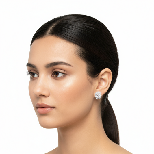 Boucles d'oreilles ovales en argent avec fleur en pierre