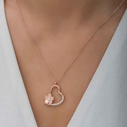 Rose Plated Flower Heart Women's Silver Pendant