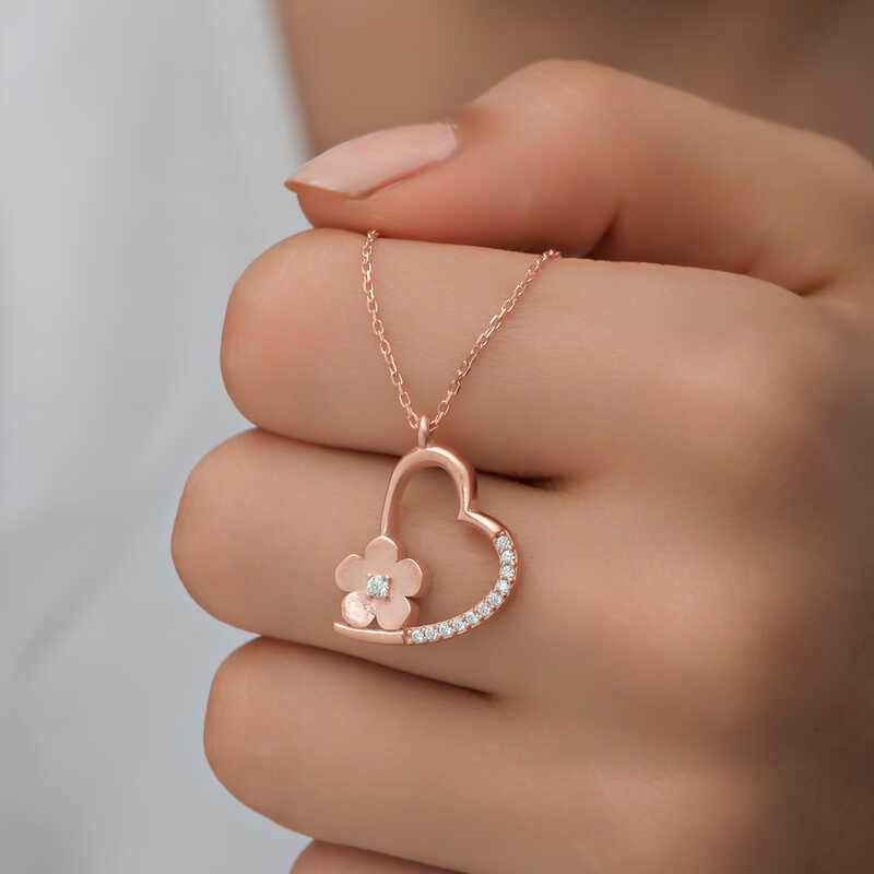 Rose Plated Flower Heart Women's Silver Pendant