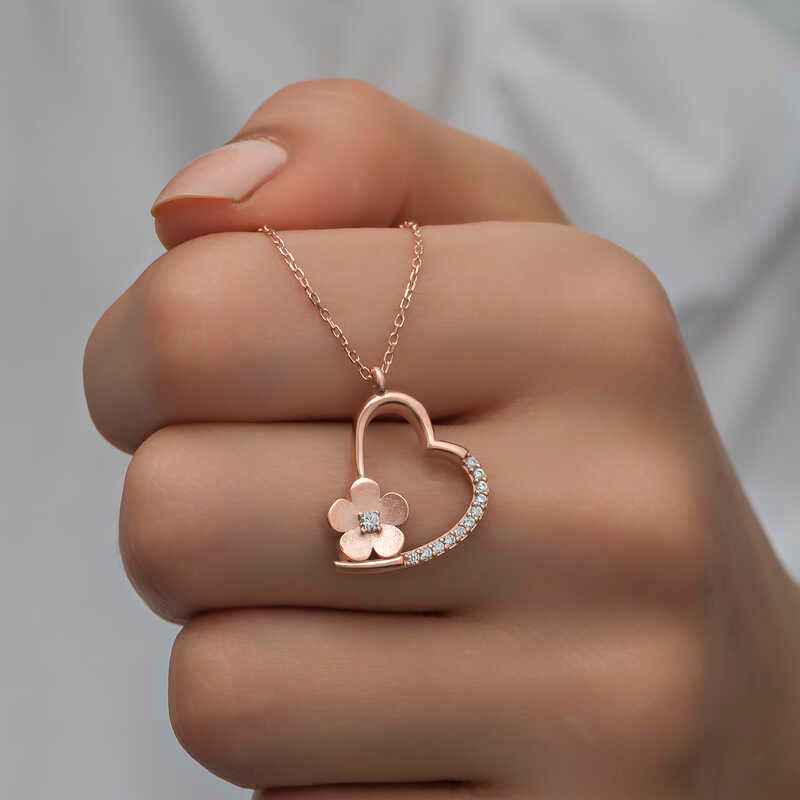 Rose Plated Flower Heart Women's Silver Pendant