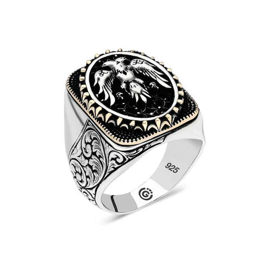 Double-Headed Eagle Oval Men's Silver Ring