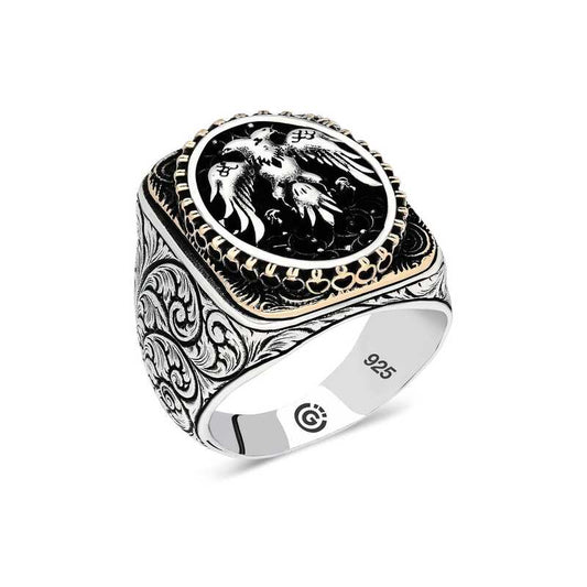 Double-Headed Eagle Oval Men's Silver Ring