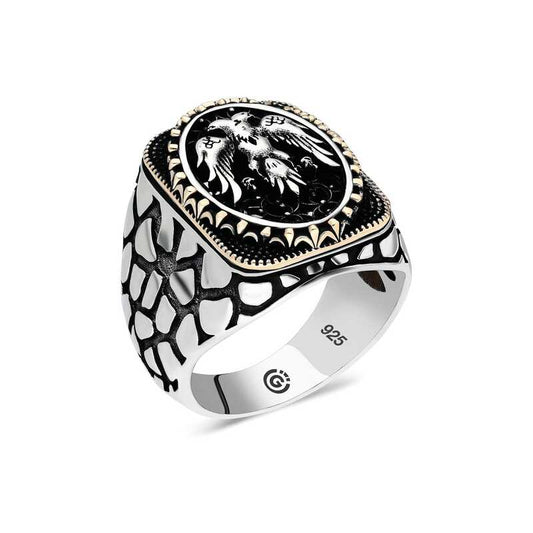 Double-Headed Eagle Oval Men's Silver Ring