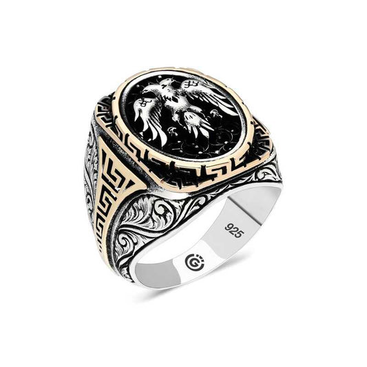 Double-Headed Eagle Oval Men's Silver Ring