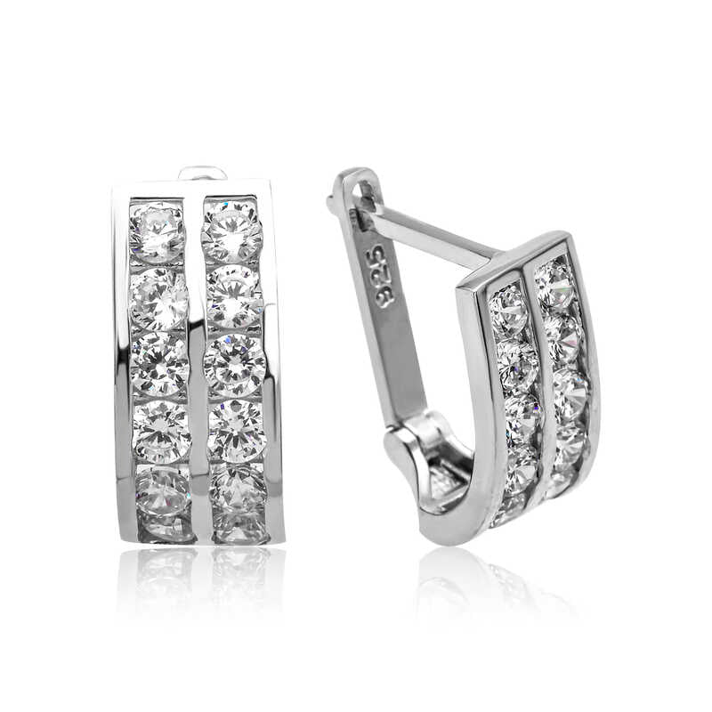 Boucles d'oreilles en argent pour femme avec double rangée de pierres blanches J