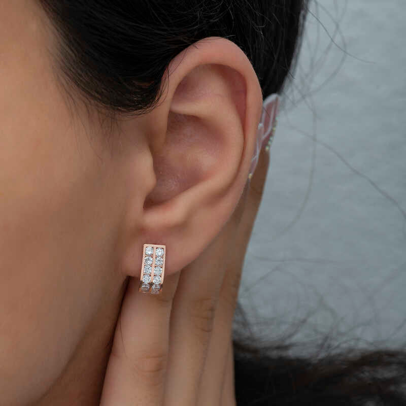 Boucles d'oreilles femme en argent plaqué rose avec pierres blanches à double rangée J